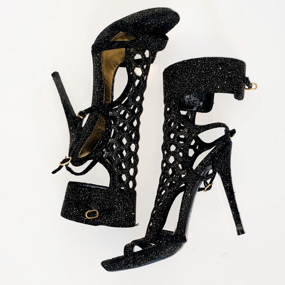 Alexander McQueen Perforated Stiletto Sandals - Black w/ Gold Glitter 39 / US8.5